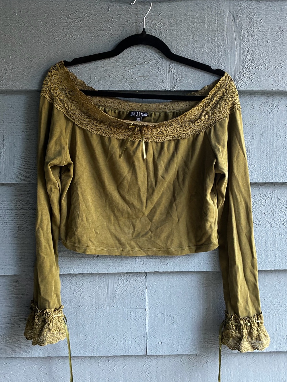 Current Mood Olive Green Off-Shoulder Lace Trim Long Sleeve Top